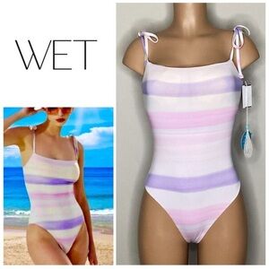WET Swimwear One Piece Swimsuit Tie Strap Stripe Pink Watercolors Women's M NWT
